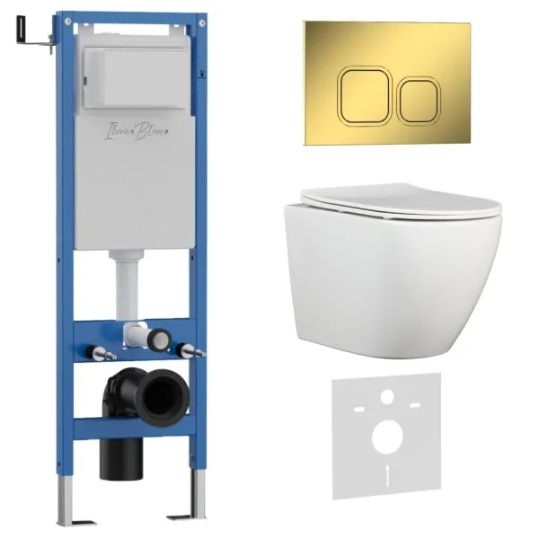 Комплект 3в1 IBERICA BLANCA инсталляция SILENCIO MINI, унитаз BILBAO ALTO белый, кнопка смыва ESTI-Q золото глянцевое () IB.001M.BLA.234.836