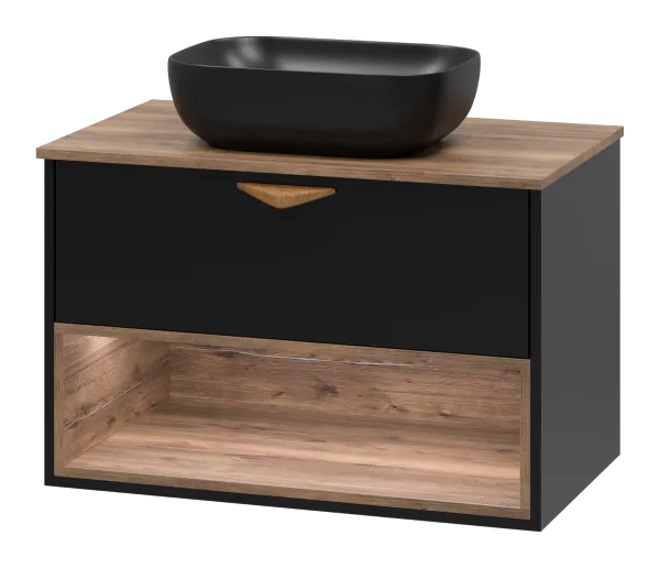 BERGEN - 80 Тумба подвесная 1 ящ. (ДСП (Дуб Гал/черн мат.эмаль) + раковина