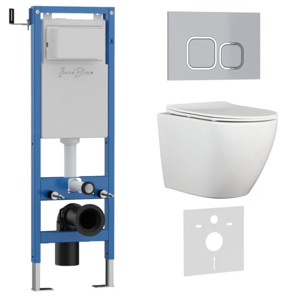 Комплект 3в1 IBERICA BLANCA инсталляция SILENCIO MINI, унитаз BILBAO ALTO белый, кнопка смыва ESTI-Q хром матовый () IB.001M.BLA.234.834