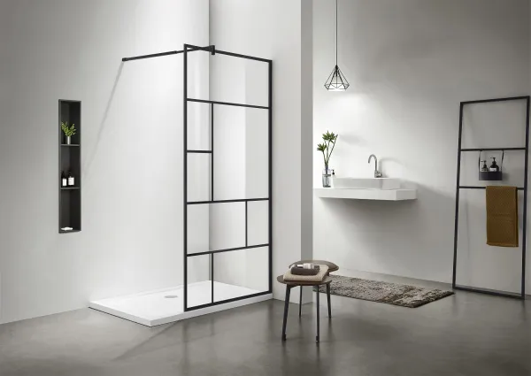 AQ NAG 6310-100 Душевая перегородка Walk in, с держателем 1000x2000 профиль черный матовый, стекло прозрачное с черным принтом 