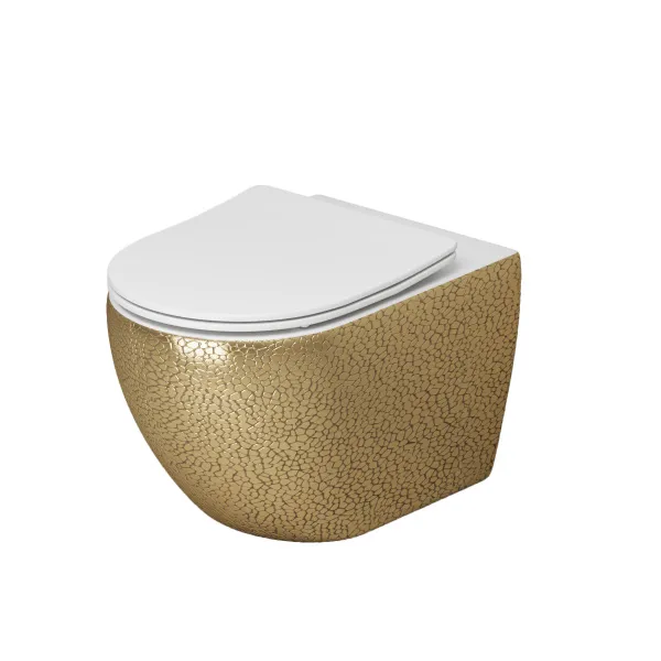 Унитаз (550х360х375) золотой внутри белый подвеснойбезободковый с тонкой крышкой GR-4411GWLS