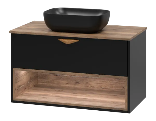 BERGEN - 90 Тумба подвесная 1 ящ. (ДСП (Дуб Гал/черн мат.эмаль) + раковина