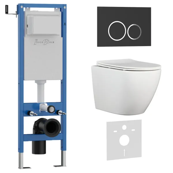 Комплект 3в1 IBERICA BLANCA инсталляция SILENCIO MINI, унитаз BILBAO ALTO белый, кнопка смыва ESTI-O черный матовый () IB.001M.BLA.231.822