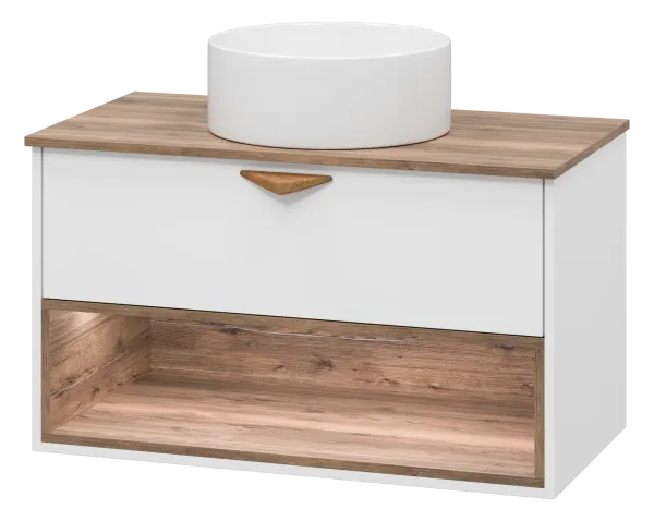 BERGEN - 90 Тумба подвесная 1 ящ. (ДСП (Дуб Гал/БЕЛ мат.эмаль) + раковина