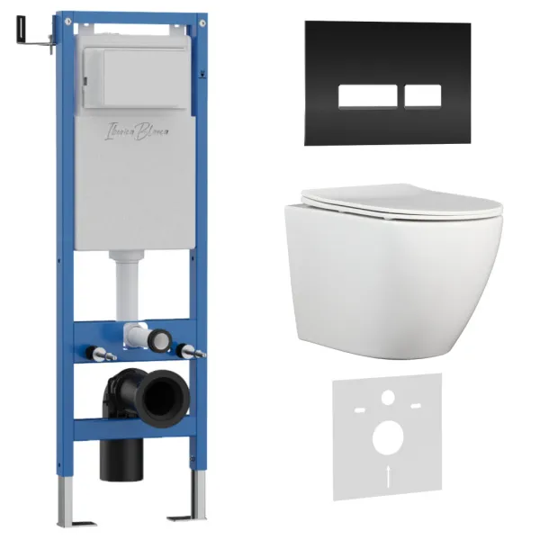 Комплект 3в1 IBERICA BLANCA инсталляция SILENCIO MINI, унитаз BILBAO ALTO белый, кнопка смыва CRYSTAL-R черный () IB.001M.BLA.234.2211