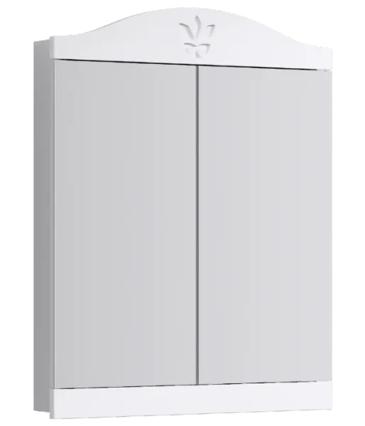 Зеркальный шкаф с двумя дверцами,открывающимися к центру.